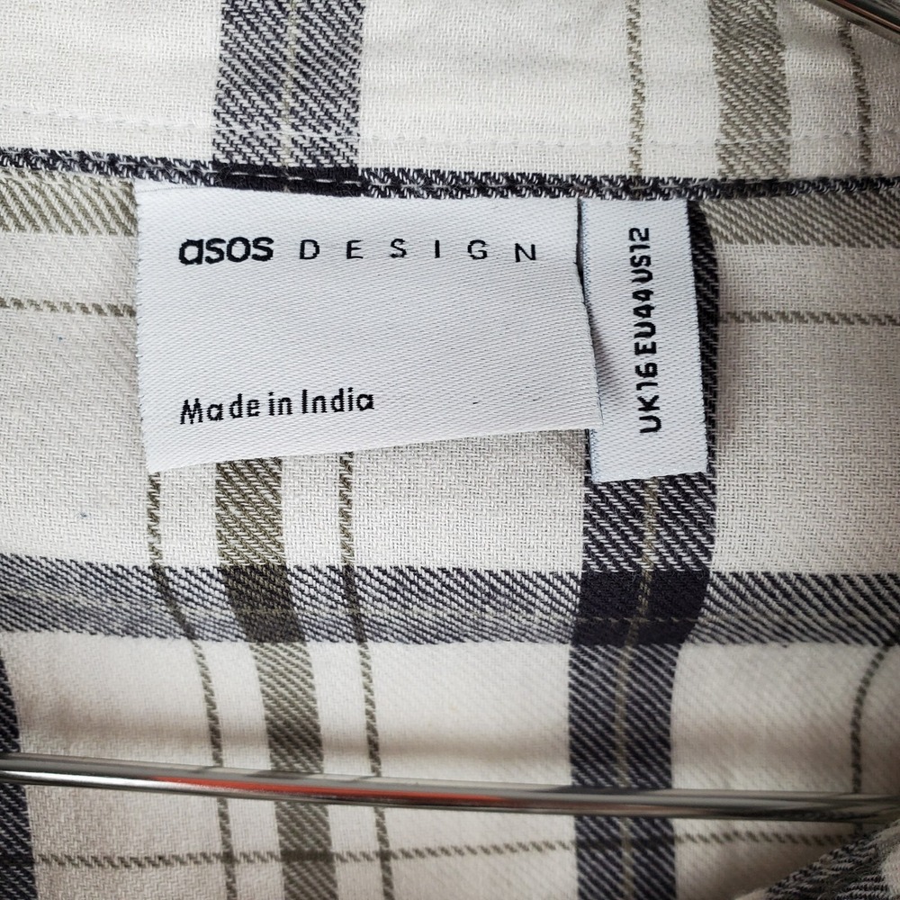 Asos Design Mini Skater Shirt Dress Women 12 CreamBlack Plaid Cotton Drawstring - Picture 10 of 16